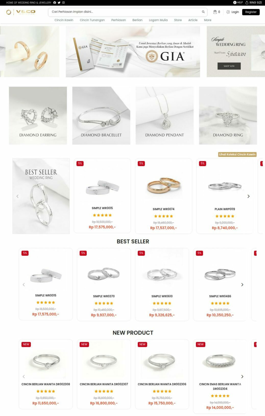 halaman website online V&Co Jewellery