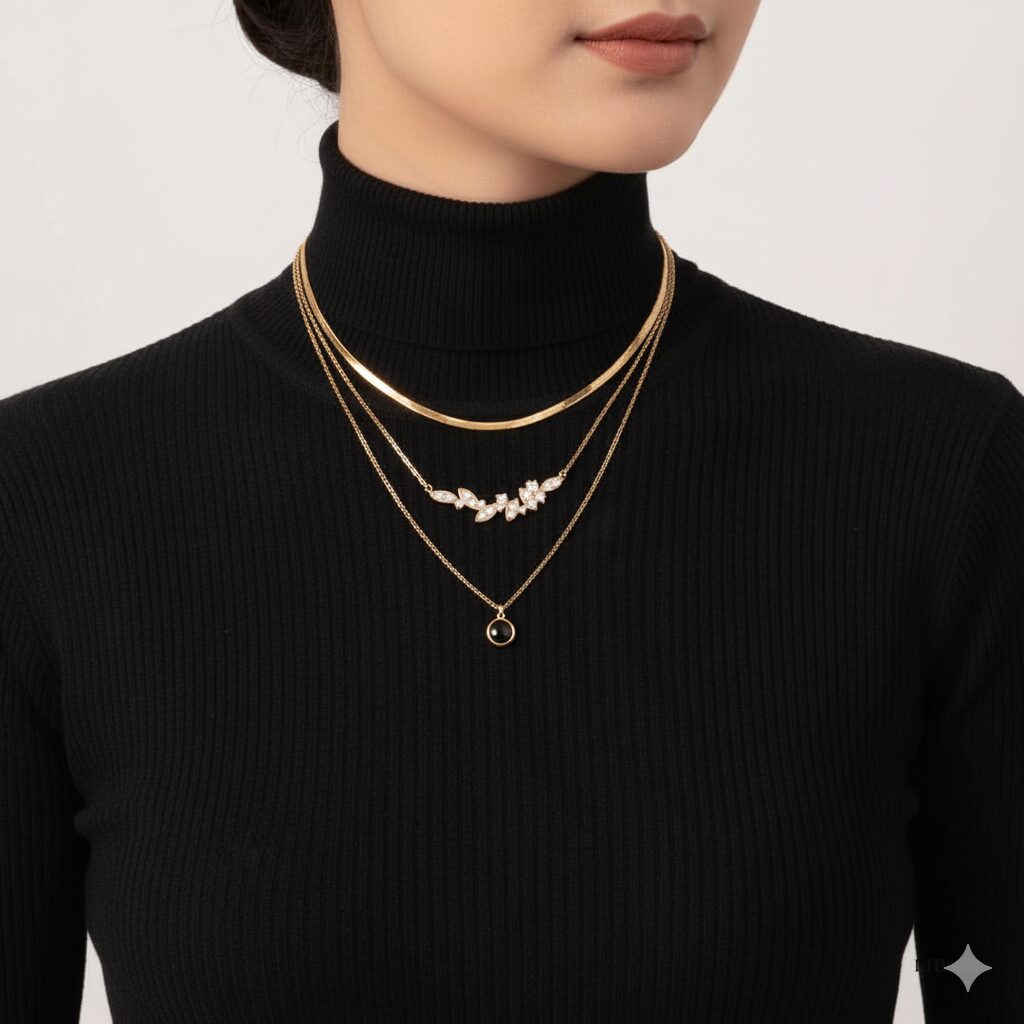 styling kalung liontin emas dengan turtleneck dress