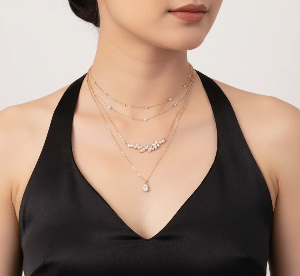styling kalung emas dengan berbagai panjang rantai