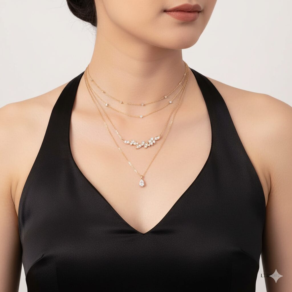styling kalung emas dengan berbagai panjang rantai