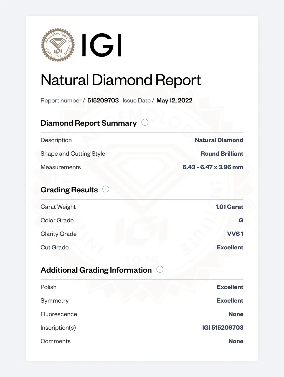 isi sertifikat berlian IGI