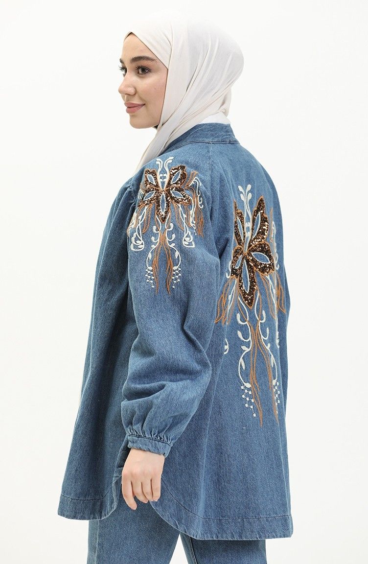 jaket denim bordir outfit hijab