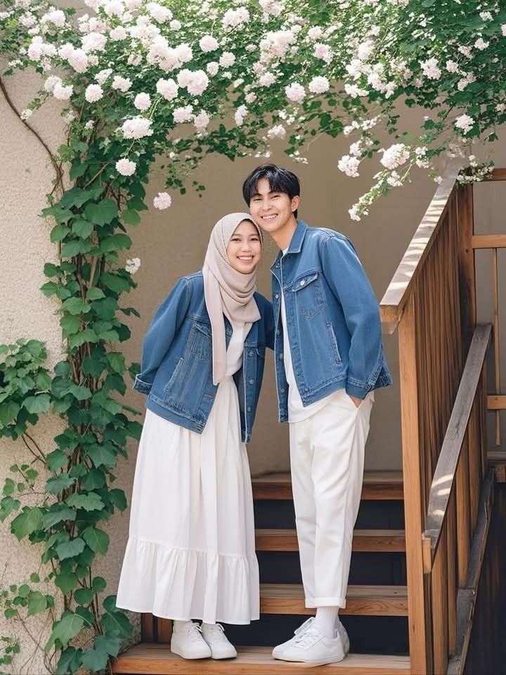 ide baju prewedding hijab dengan Jaket denim