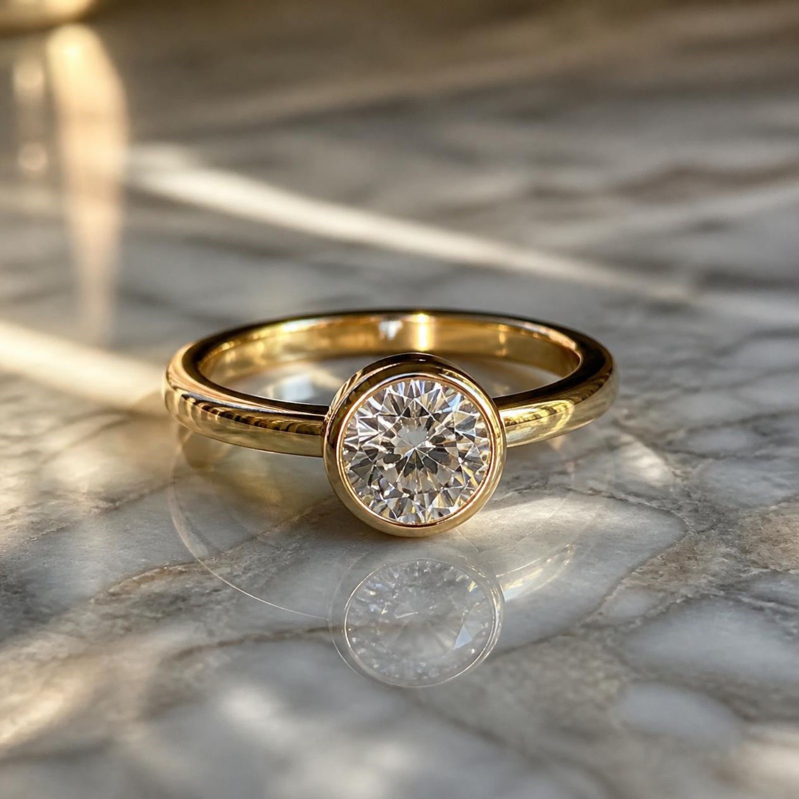 cincin berlian bulat dengan bezel setting emas