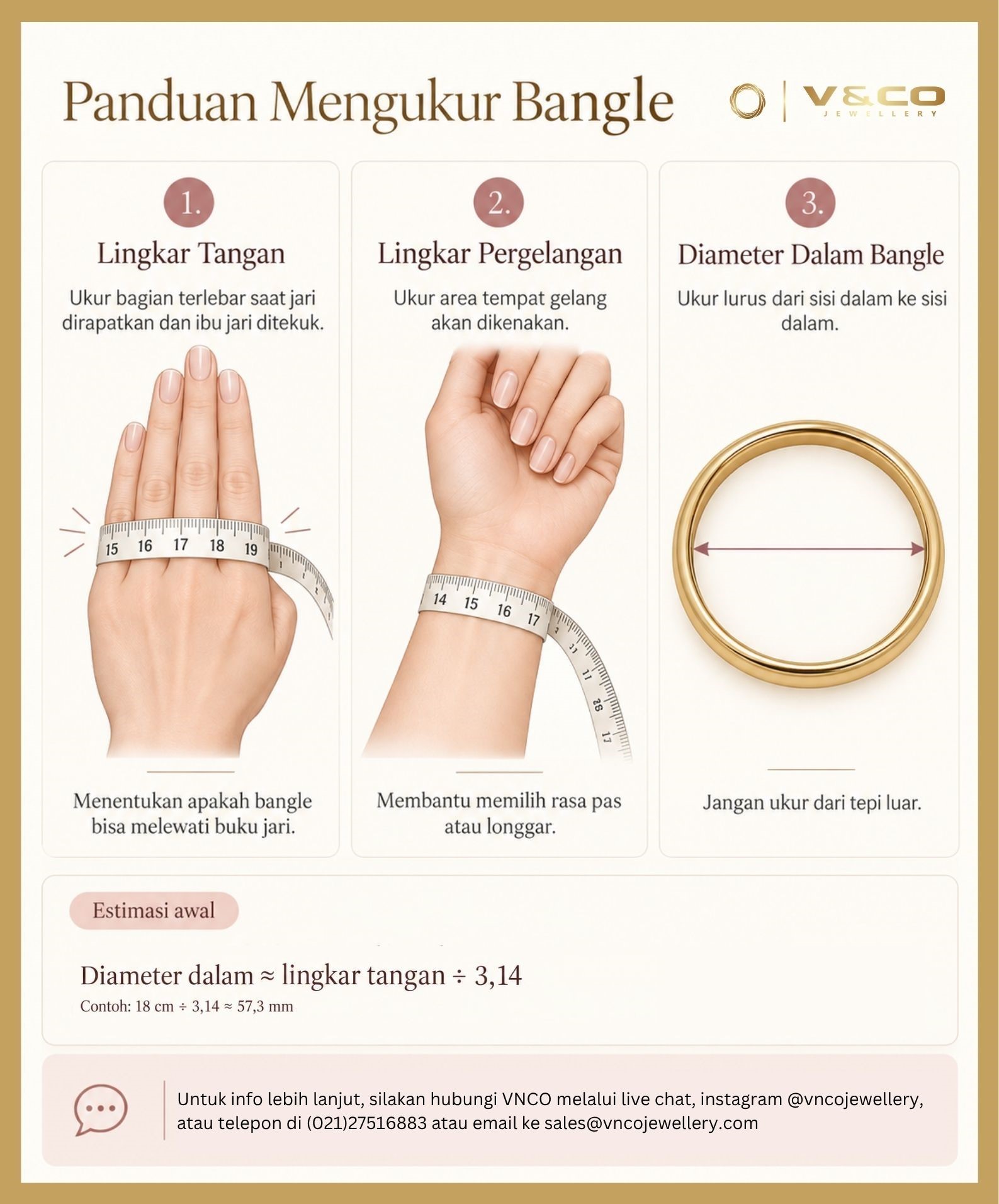 cara mengukur gelang bangle - lingkar pergelangan tangan, lingkar tangan dan diameter dalam gelang.