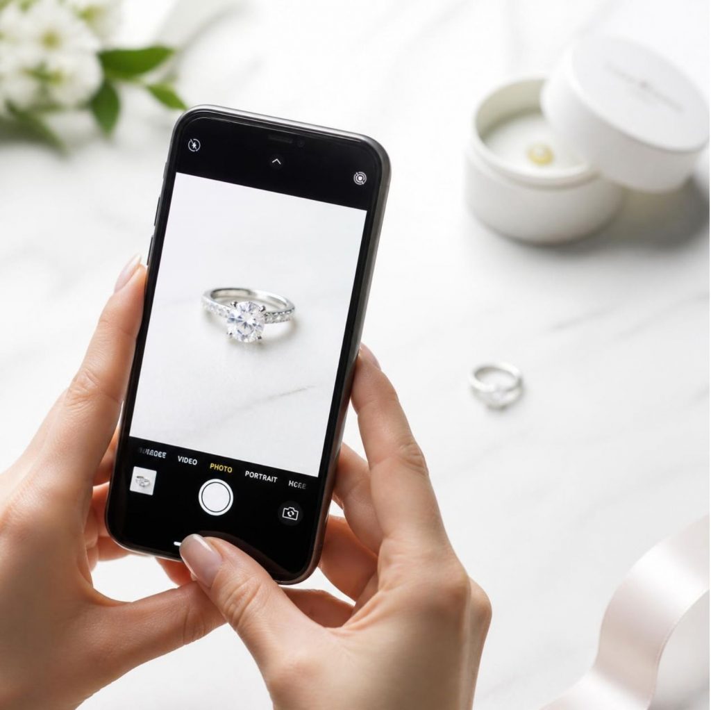 close up tangan memotret cincin dengan smartphone dengan background clean minimalist
