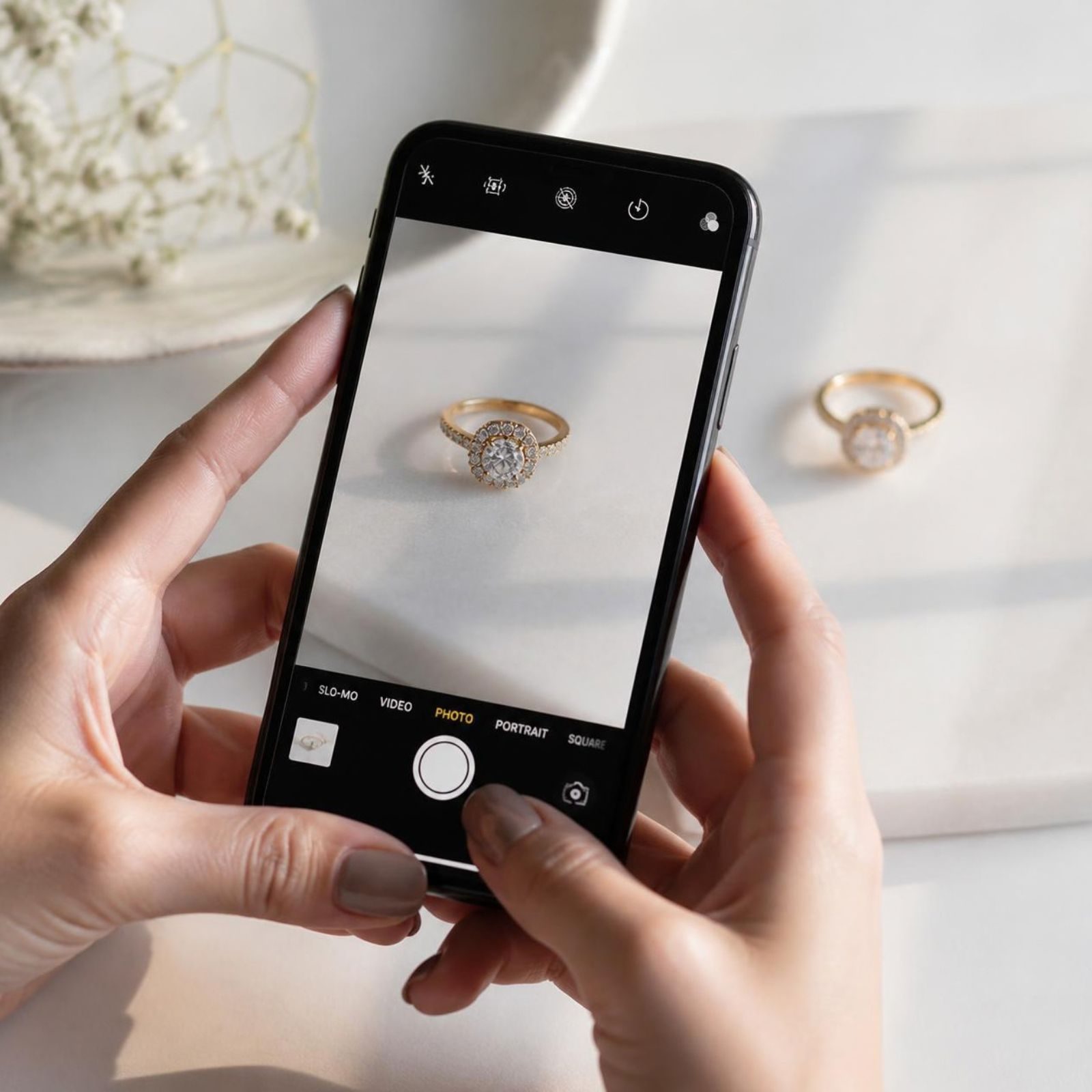 close up tangan memotret cincin dengan smartphone dengan background clean minimalist