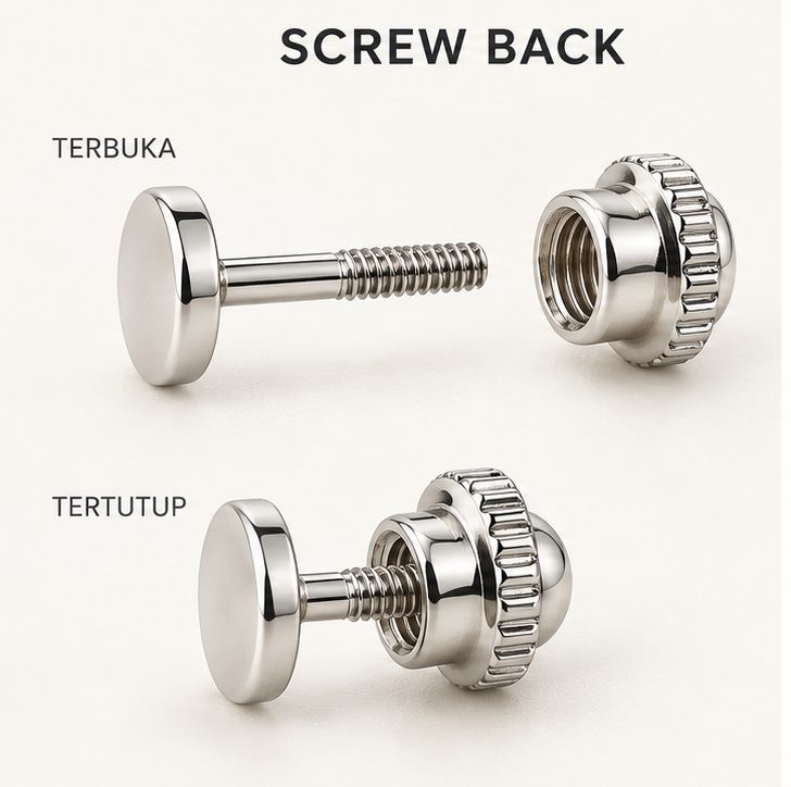 komponen pengunci anting yang memperlihatkan ulir pada screw back saat tertutup dan terbuka